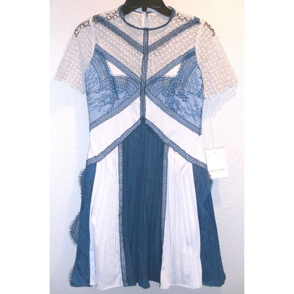 Self Portrait Lace Panel Pleated Blue Mini Dress 4 - Picture 2 of 8